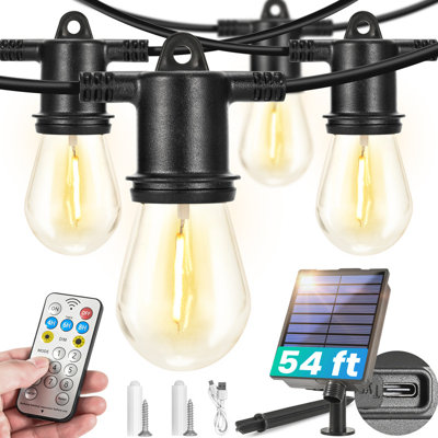 54FT Solar String Lights Outdoor Waterproof 16+1 LED Bulbs Remote Controlled Timer Dimmable 8 Modes USB Port Solar Lights, Outdoor Lights for Patio, B