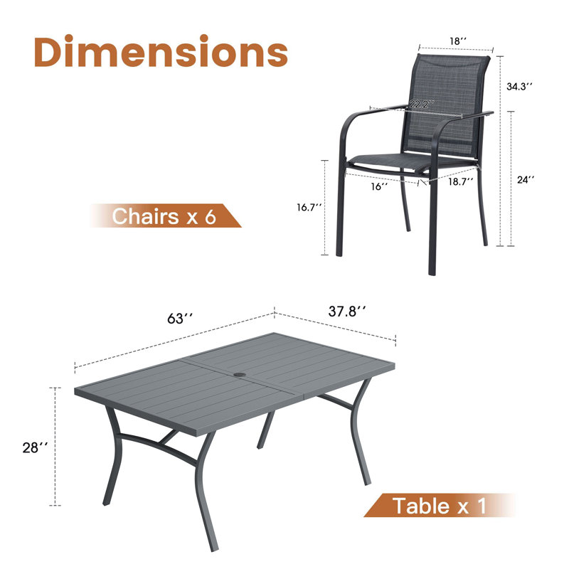 Ensemble repas 63 "avec très grande table rectangulaire et 6 chaises empilables, Gris