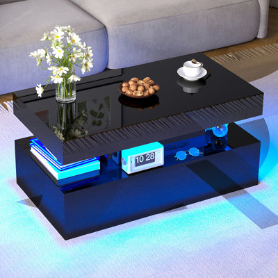 Coffee Table With Led Light, Modern High Gloss Finish Center Table With 2-tier Storage Space, Minimalist Coffee Table For Living Room, Office by Wrought Studio