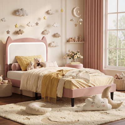 Twin Size Cat Shaped Bed Platform,Low Profile No Box Spring, Playful Cat Silhouette Headboard,Durable Plywood Construction,Easy Assembly, Pink