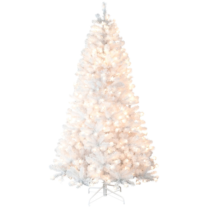 Arbre de Noël blanc pré-éclairé avec fil mémoire - lumières incandescentes chaudes, pointes, conception à dépliage automatique, support en métal stable, arbre de Noël artificiel en PVC