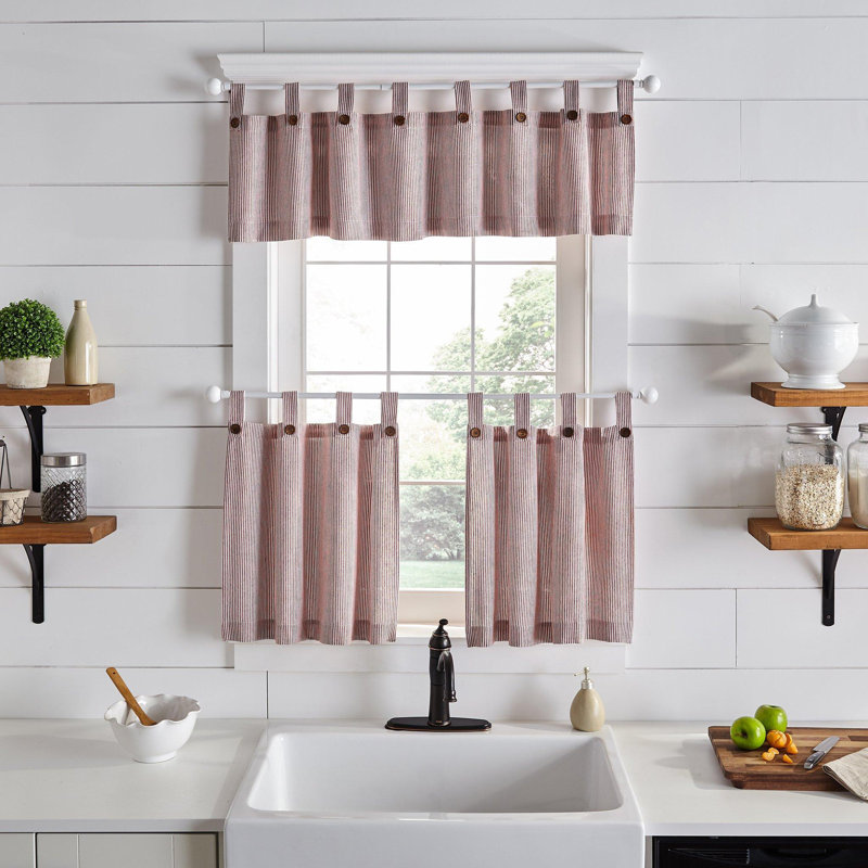 Liviana Cotton Striped Tailored Kitchen Curtain, Red, 30" W x 36" L