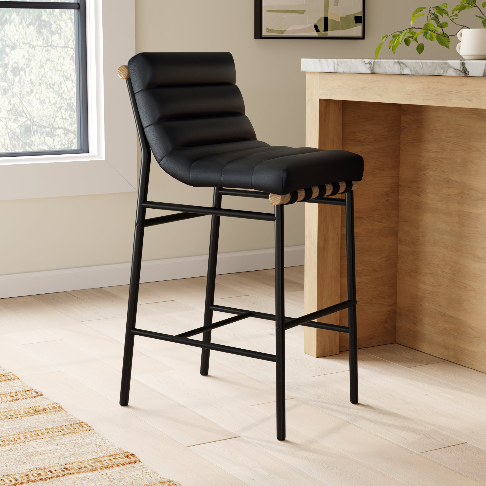 Bar Stool, Black Faux Leather, Bar Stool (29.9" Seat Height)