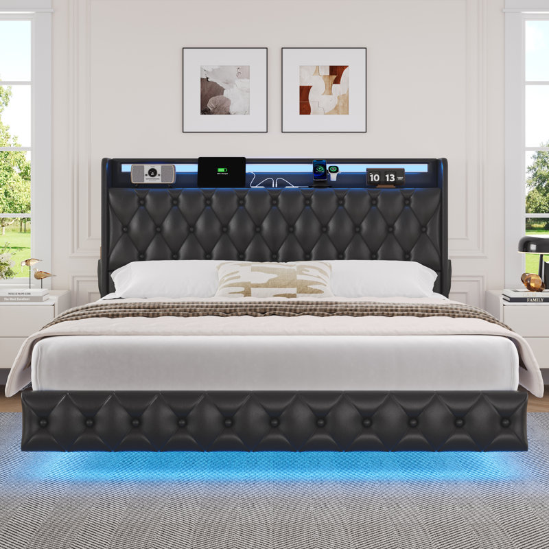 Mehrish Upholstered Floating Bed with LED Lights and USB Ports, Queen, Black