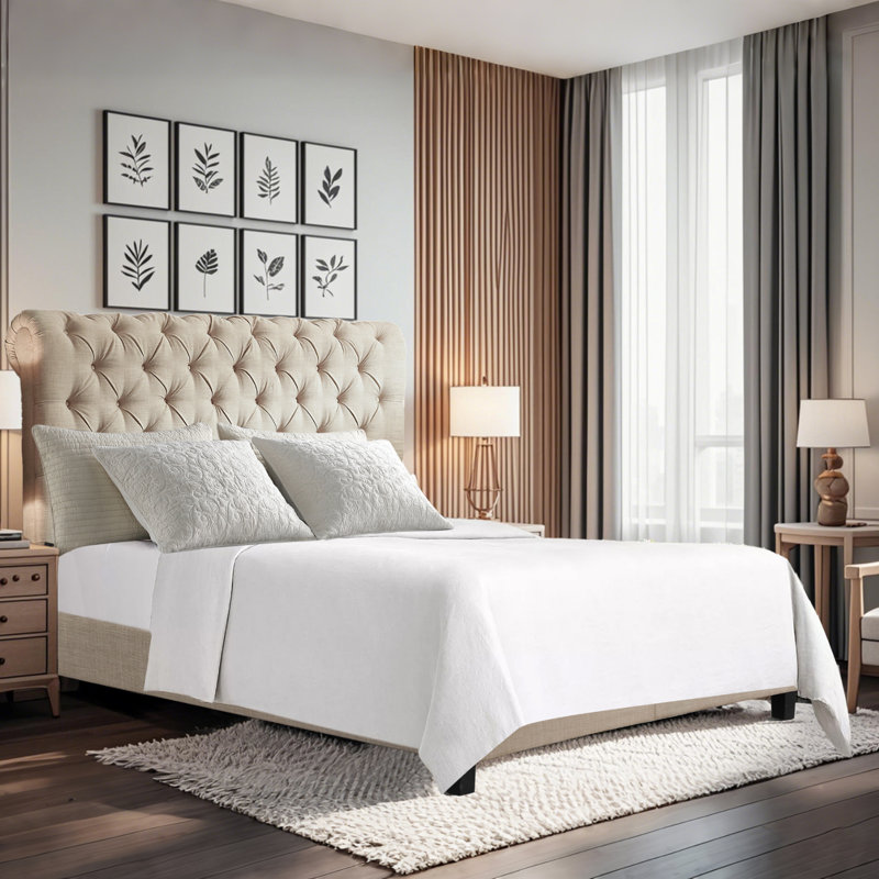 Structure de lit en tissu avec tête de lit ajustable Winston Porter, Beige, Très grand lit
