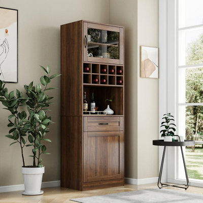 Multi-Tier Pull-Out Kitchen Pantry Cabinet, Farmhouse Buffet Cabinet with Glass Doors and Wine Storage, Brown Walnut