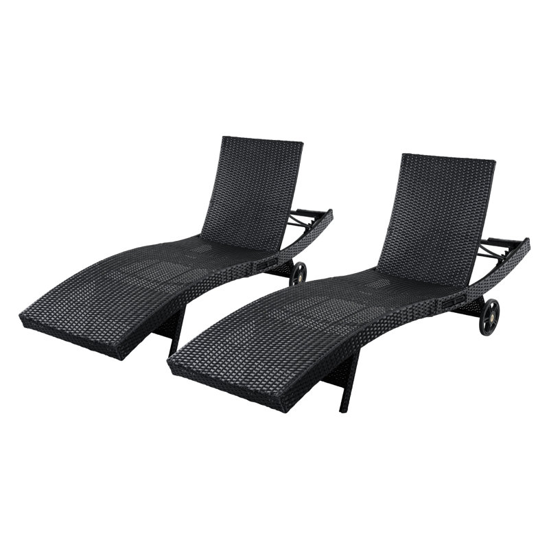 Chaise longue de 80 po en osier de patio avec dossier réglable et roulettes, Noir