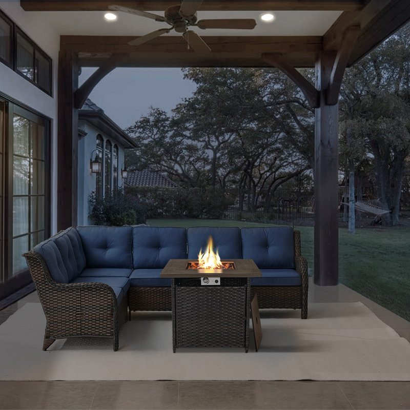 Bonia 6 - Person Outdoor Sectionals Seating Group with Cushions and Square Fire Pit, Brown, Blue