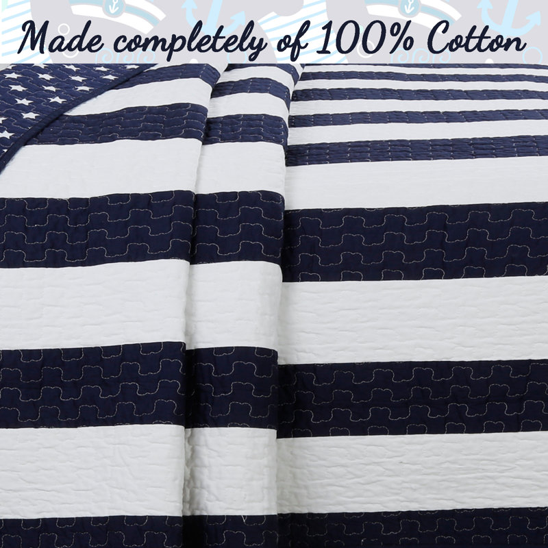 Twin White and Navy Cotton Reversible Kids Quilt Set