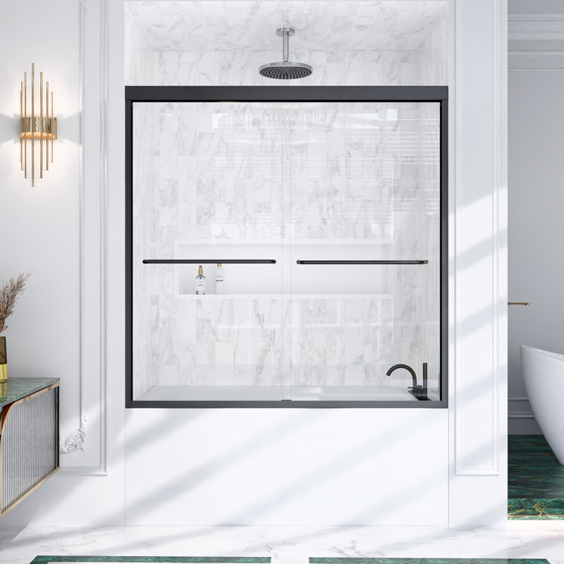 56" - 60" W x 60" H Double Sliding Tub Door, Framed Bypass Tub Door with 1/4-in (6mm) Tempered Glass and Quiet Rollers, Stainless Steel Accessories