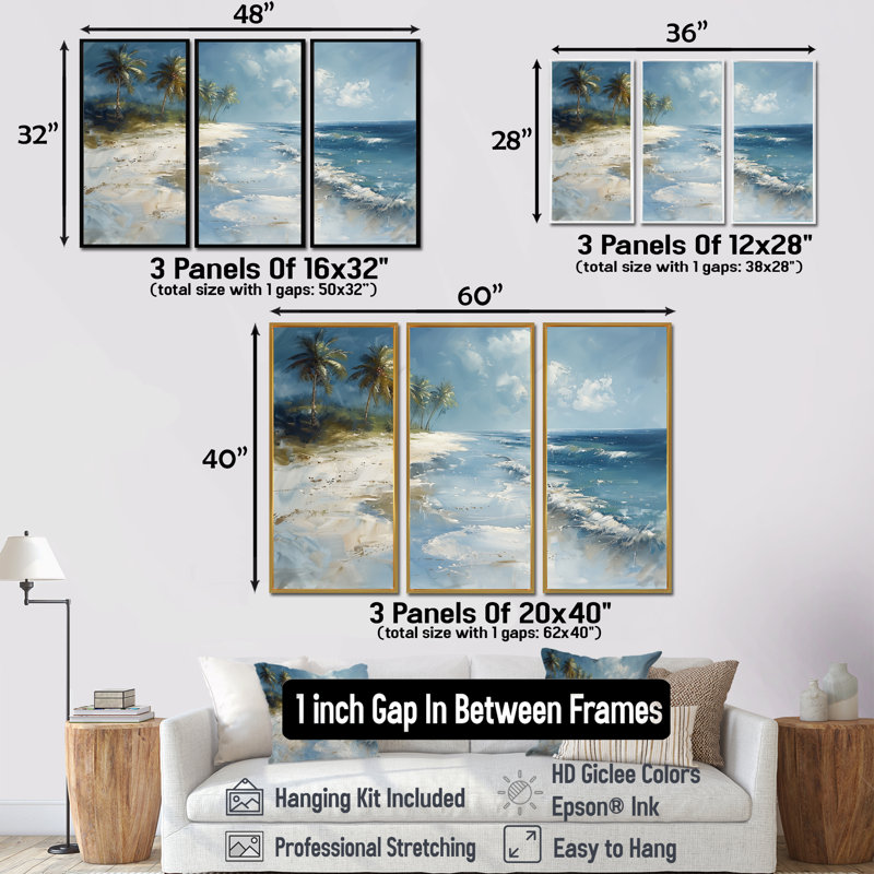 «Blue Green Palm Trees Coastal Breeze V», ensemble d'art mural palmiers et palmiers, Toile avec cadre flottant or