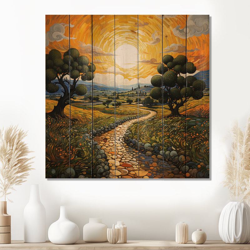 «Vangogh Olive Grove in Province», reproduction de Vangogh sur bois de pin naturel, H 35 po x l 35 po x P 0,78 po