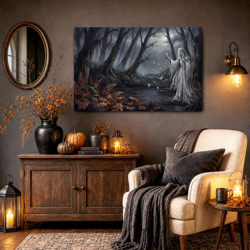 Art mural sur toile Wraith in Dark Swamp Forest with White Halloween, 32"H x 48"W