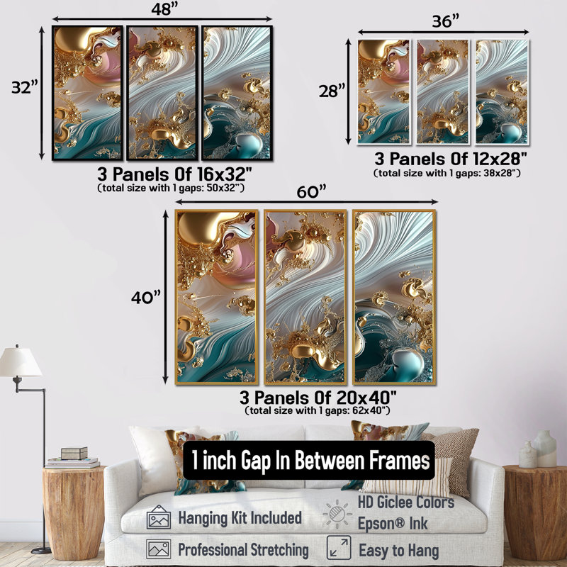 Liquide ruisseaux coucher de soleil rose turquoise or - ensemble d'art abstrait vagues modernes, H 40 po x l 60 po x P 1 po