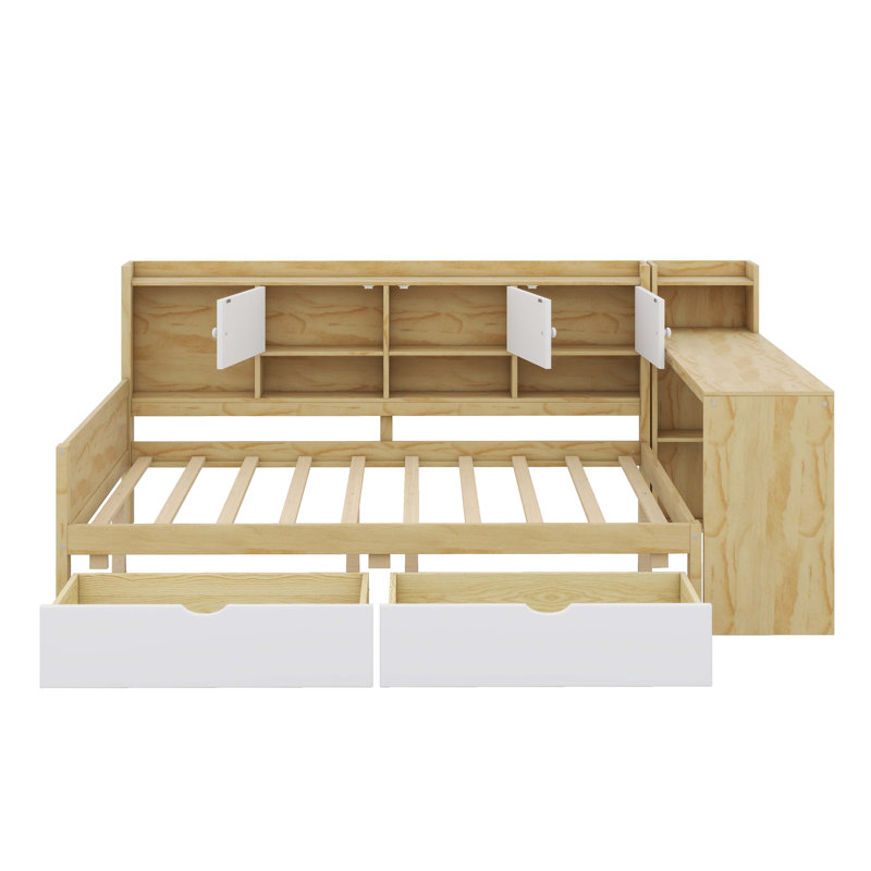 Lit de jour en L en bois avec sept armoires de rangement et deux tiroirs de rangement, lit multifonctionnel avec bureau d'étude