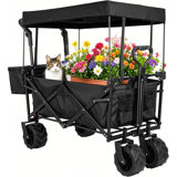 Extra Large Collapsible Wagon W/removable Canopy, 250lbs Foldable Garden Cart W/rear Storage, Big Wheel&adjustable Handles