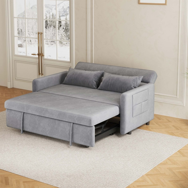 Sofa pull-out bed includes two pillows, Grey Faux Leather