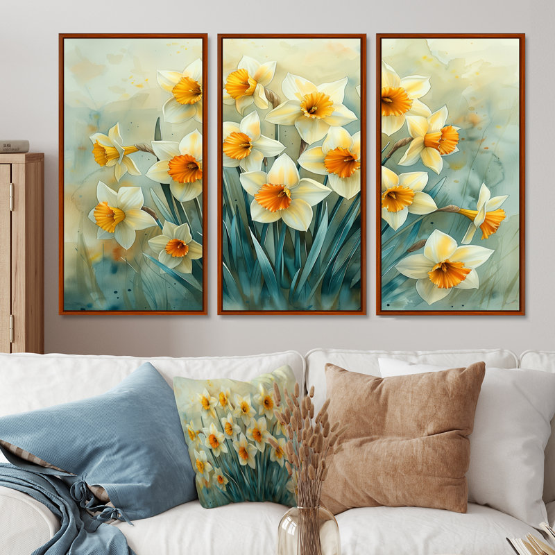 Jardin de rêves jonquilles Tiago - Ensemble de décorations murales jonquilles, Toile avec cadre flottant brun