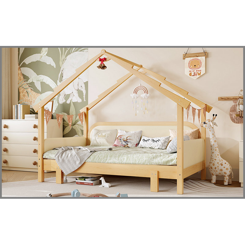 Twin Size Wood Treehouse bed with Soft Cushion Rails,for Kids, Teens, Girls, Boys, Natural/Beige