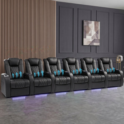 177.95 ''Three-Motor Geniue Leather Theatre Seating Reclining Zero Gravity  Power Recliner Chair Movie Chair Gaming Seat With Tray Table USB Charging Cup Holders (Set Of 6)