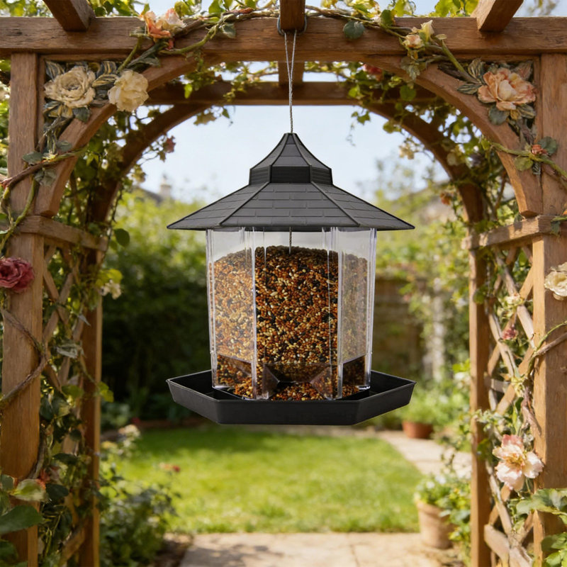 Mangeoire à oiseaux suspendue de style jardin avec abri de jardin pour oiseaux sauvages d'extérieur, Gris