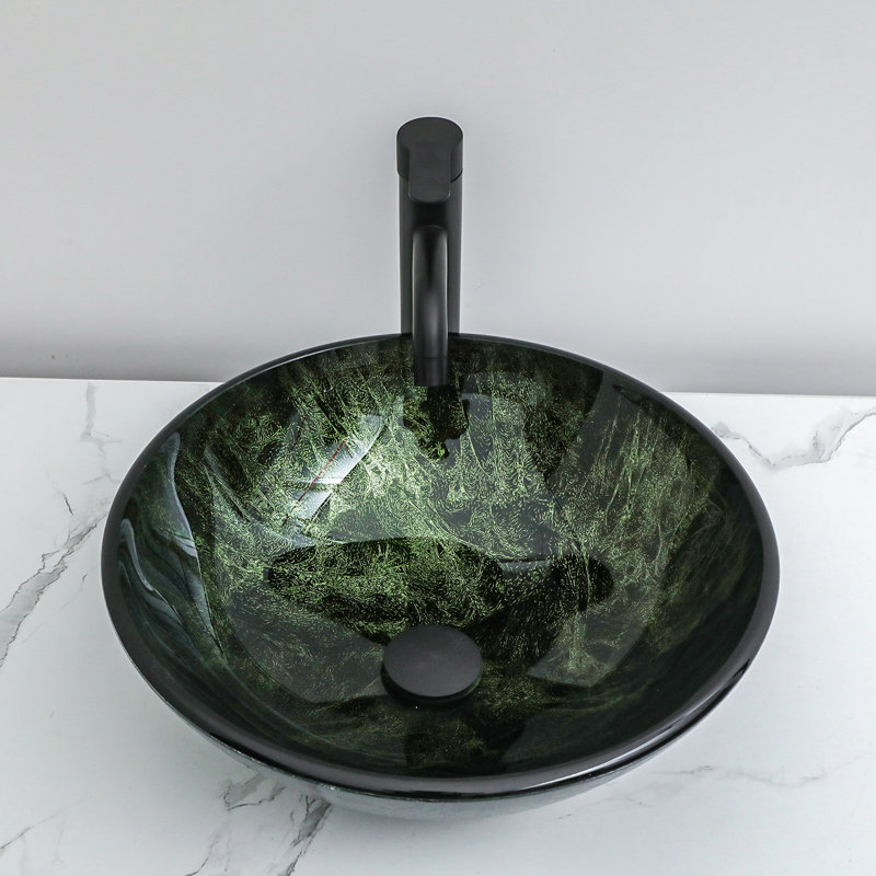 16.5" Glass Circular Vessel Bathroom Sink with Pop-Up Drain and Faucet, Dark Green