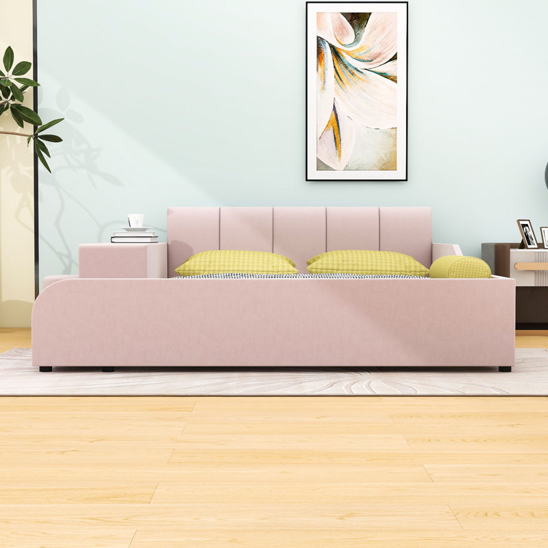Lit tapissier Stelijana avec bureau de chevet et petit tabouret rond, Grand, Rose