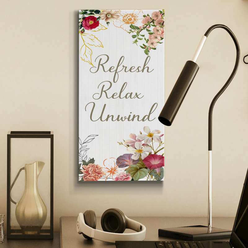 «Refresh, Relax, Unwind», art textuel sur toile tendue, H 16 po x l 8 po x P 1 po