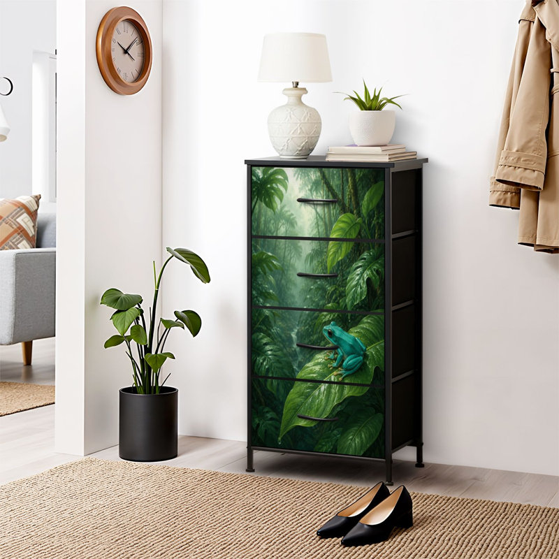 Commode 4 tiroirs pour chambre à coucher, commode étroite, plateau en bois et structure de bureau en fer 18 po x 37,5 po (lxH) - avec impression de forêt tropicale brumeuse