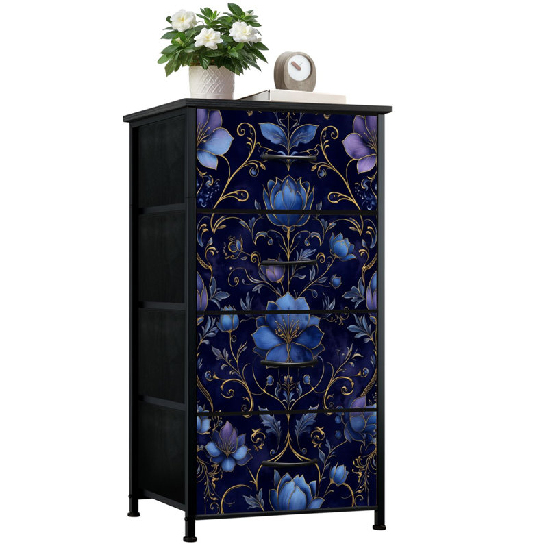 dark purple dresser for Bedroom with 4 Storage Drawers Elegant Blue Floral Gold Accents Dressers Chest of Drawers Steel Framed Fabric Closet This beautiful dresser chest features a tabletop surface and pull strapless open back dress Dark