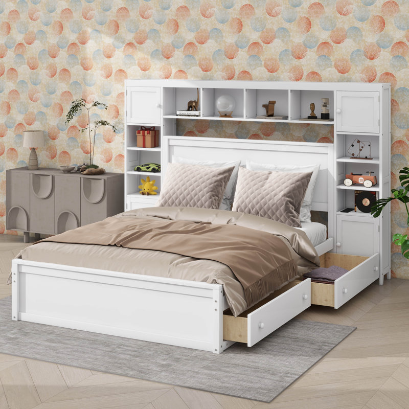 Grand lit escamotable en bois avec armoire intégrée, tablette et prises de courant