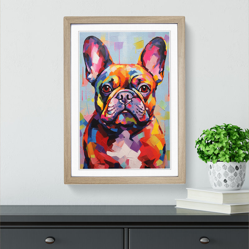 French Bulldog Contemporary - Single Picture Frame Print on Wood, 34cm H x 25cm W x 2cm D, Oak