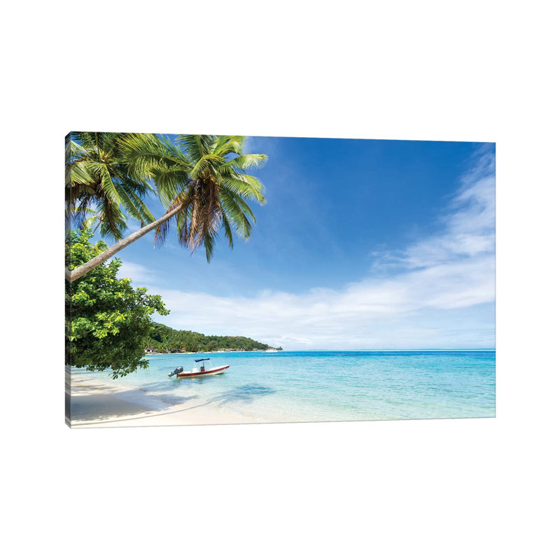 Idyllic Beach With Palm Trees And Boat On Bora Bora by Jan Becke - Wrapped Canvas Print, 20.32cm H x 30.48cm W