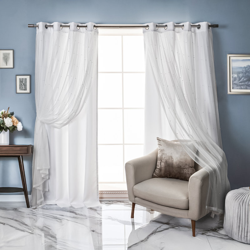 Pearl Beaded Tulle Overlay Room Darkening Grommet Curtains (Set Of 2), 52" W x 96" L , White