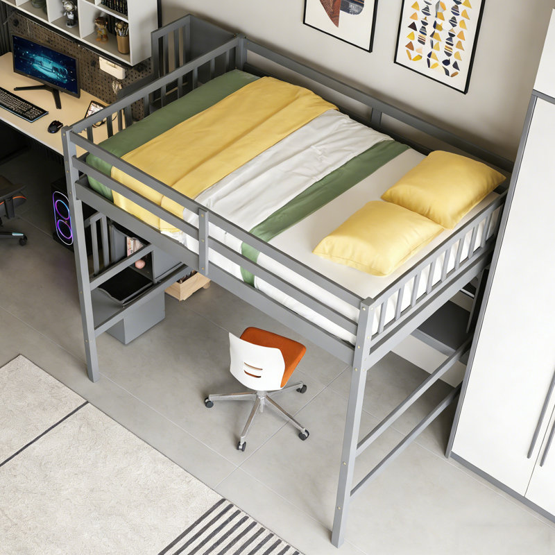 Full Size Solid Wood Loft Bed With Built-In Desk, Bookshelves And Storage Staircase, Gray