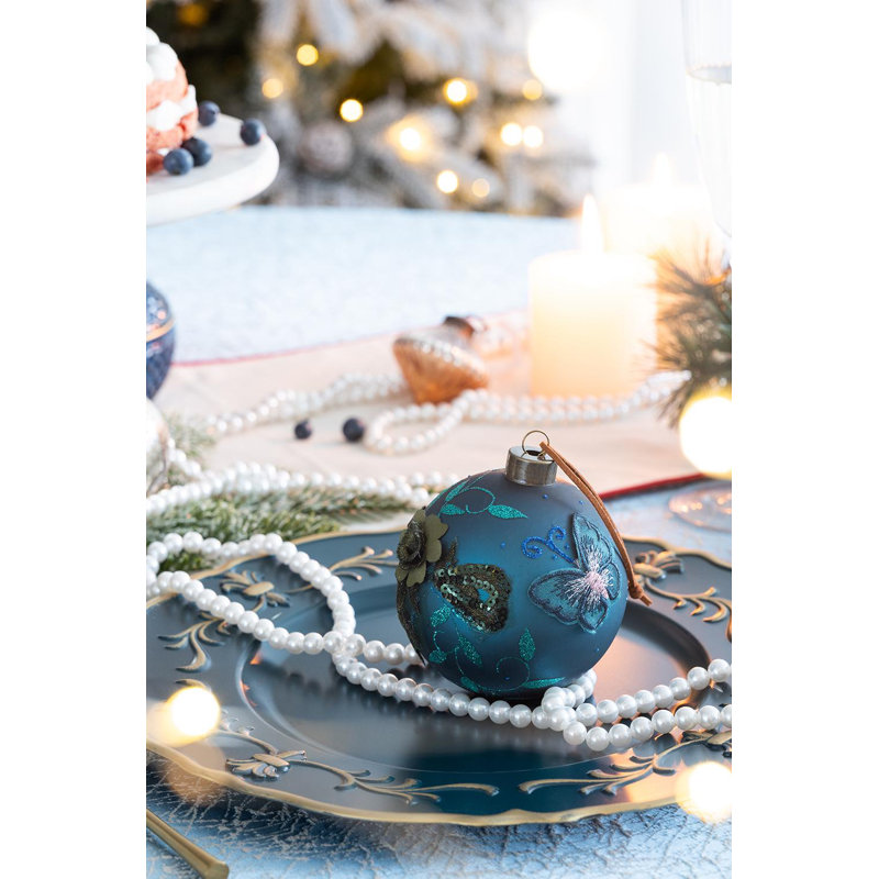 Ensemble de 6 décorations de Noël en verre bleu (3,9 pouces) | Boules décoratives des Fêtes, H 3,9 po x l 3,9 po x P 3,9 po