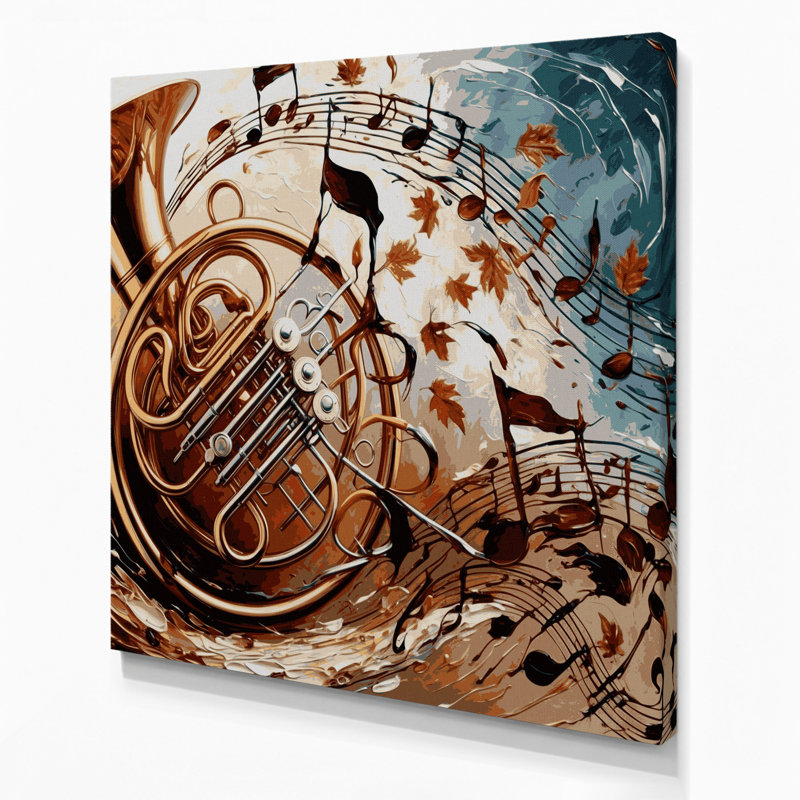 «Music French Horn», art mural sur toile beige, H 8 po x l 8 po