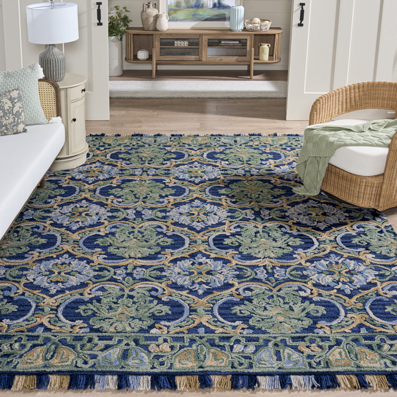 Tapis bleu marine / vert en laine / coton touffeté à la main Jahiem, Rond 10 pi