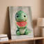 Toile, un adorable personnage de dinosaure assis avec une expression ludique tenant une grande tranche de melon d'eau-920226336