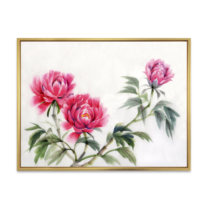 " Three Vintage Peonies Flowers " Painting Print, Gold Framed Canvas, 12" H x 20" W x 1" D
