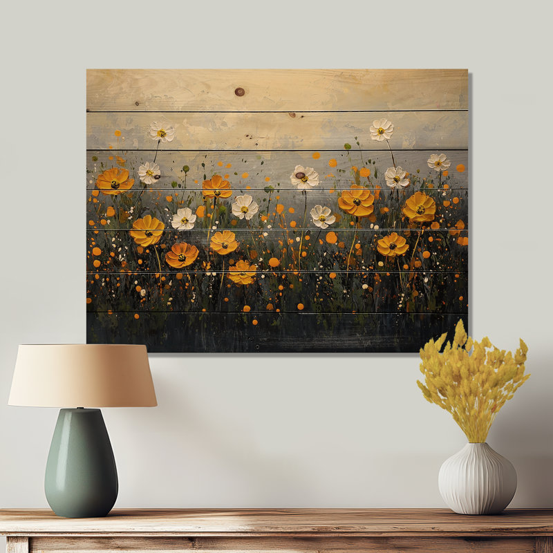 Dark Summer Daisies Field Landscape III - Daisies Wood Print - On Natural Pine Wood, 30" H x 40" W x 0.78" D