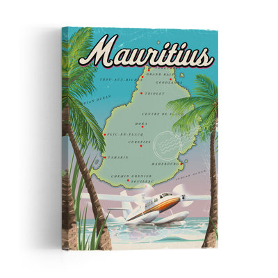 Vintage Mauritius Seaplane Retro Tranquil Vintage Palm Tree Coastal Wall Art Print 1 Piece Wrapped Canvas Wall Art