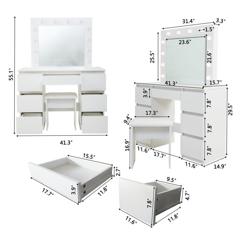Grandes tables de coiffeuse blanches avec miroir et lumière