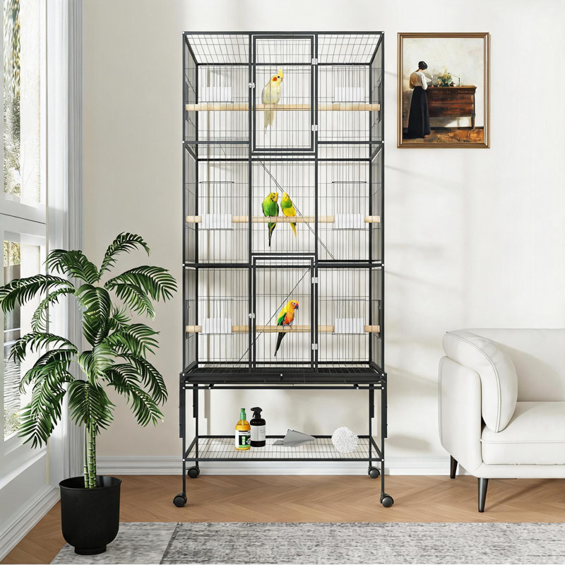 Cage à perroquet de 175 cm de haut pour grands oiseaux, cage à trois niveaux sur roulettes avec étagère de rangement, perchoirs et mangeoires, volière, grande cage pour perroquets, aras, conures, calopsittes et perruches.