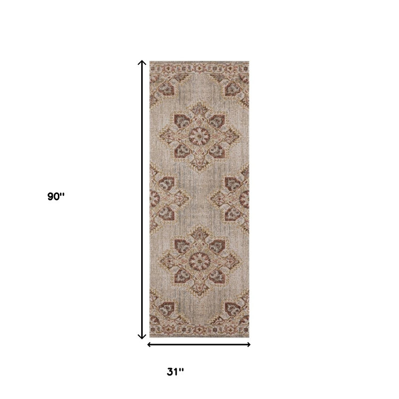 7' Beige Rust And Teal Medallion Runner Rug