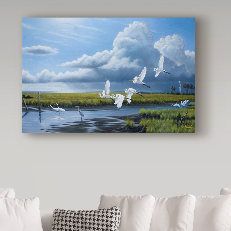 «Summer Storm Egrets» par Berrien, impression sur toile tendue, H 12 po x l 19 po x P 2 po