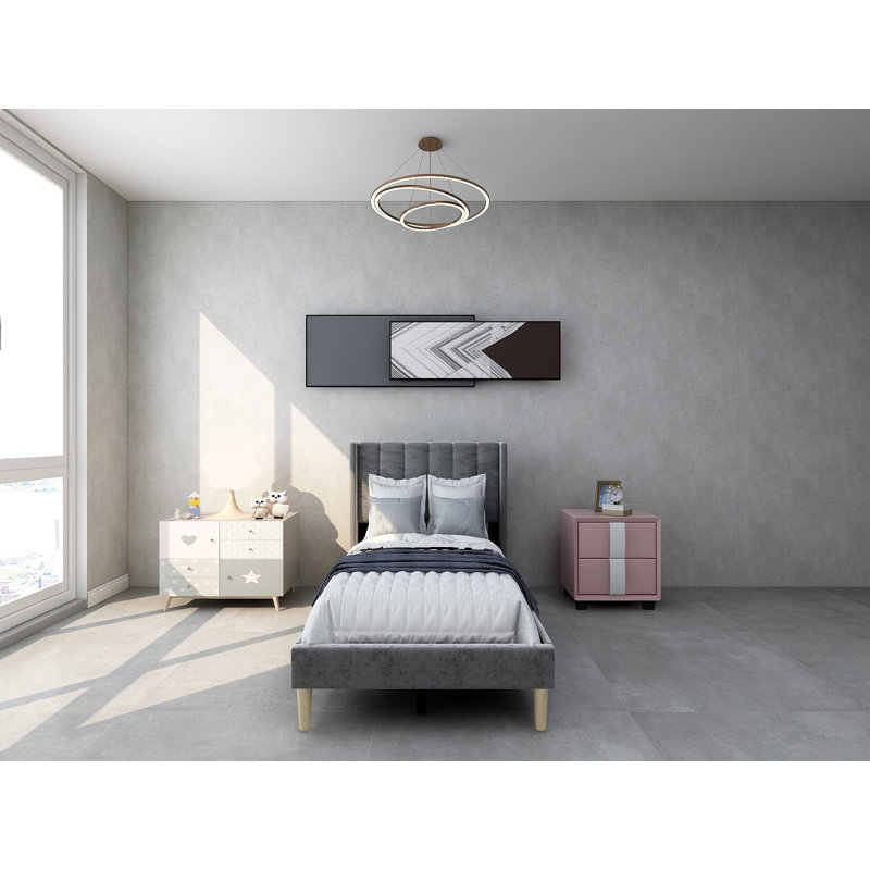 Eriksay Low Profile Upholstered Platform Bed with Wingback Headboard, Dark Gray Velvet, Twin