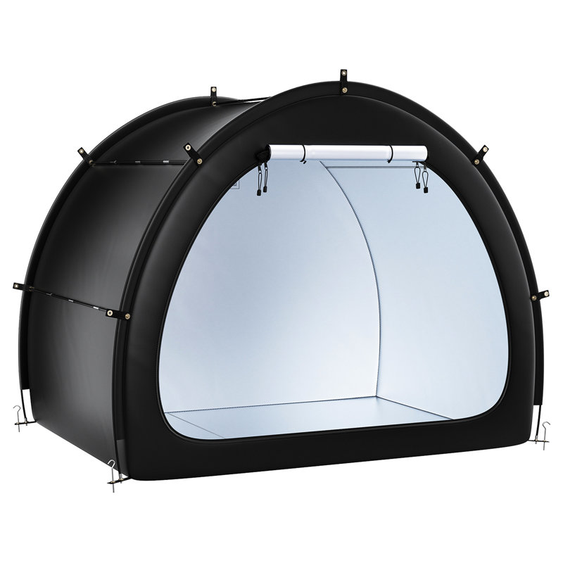 Rangement extérieur imperméable pour 4 à 5 vélos, avec revêtement double, tissu 210D enduit argent, plateau arqué pour éviter la formation d'eau, poteaux en fibre de verre renforcé, stabilité multi-points, poids léger