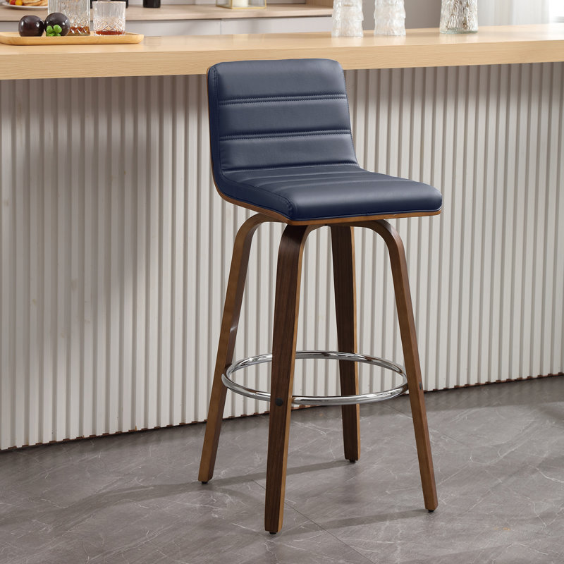 Tabouret pivotant rembourré Bomia avec structure en bois massif et dossier en similicuir en L, Bleu
