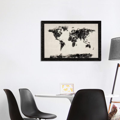 Map Of The World Paint Splashes Black by Michael Tompsett - Floater Frame Print on Canvas